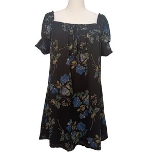 Blue Rain Black with Soft Blue and Green Flowers Short Sleeve Lined Dress Medium